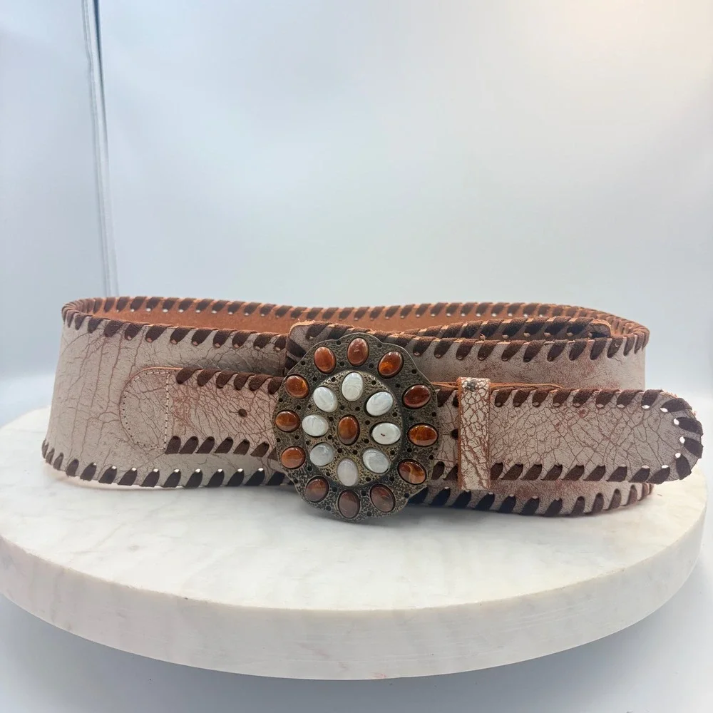 VTG Streets Ahead Wester Wide Waist Belt Women S Cream Leather Whipstitch Stones